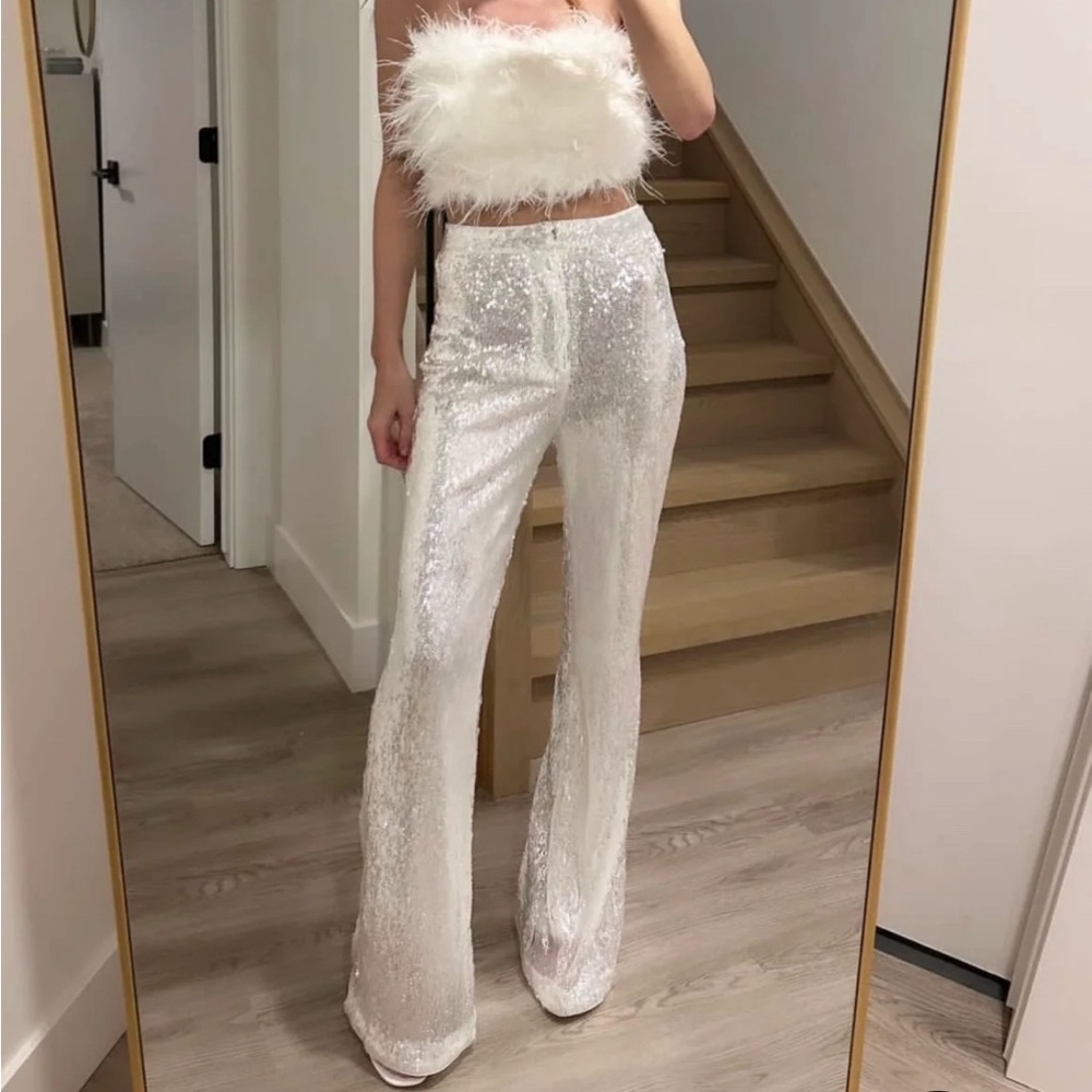 12th Tribe White Sequin Flare Pants